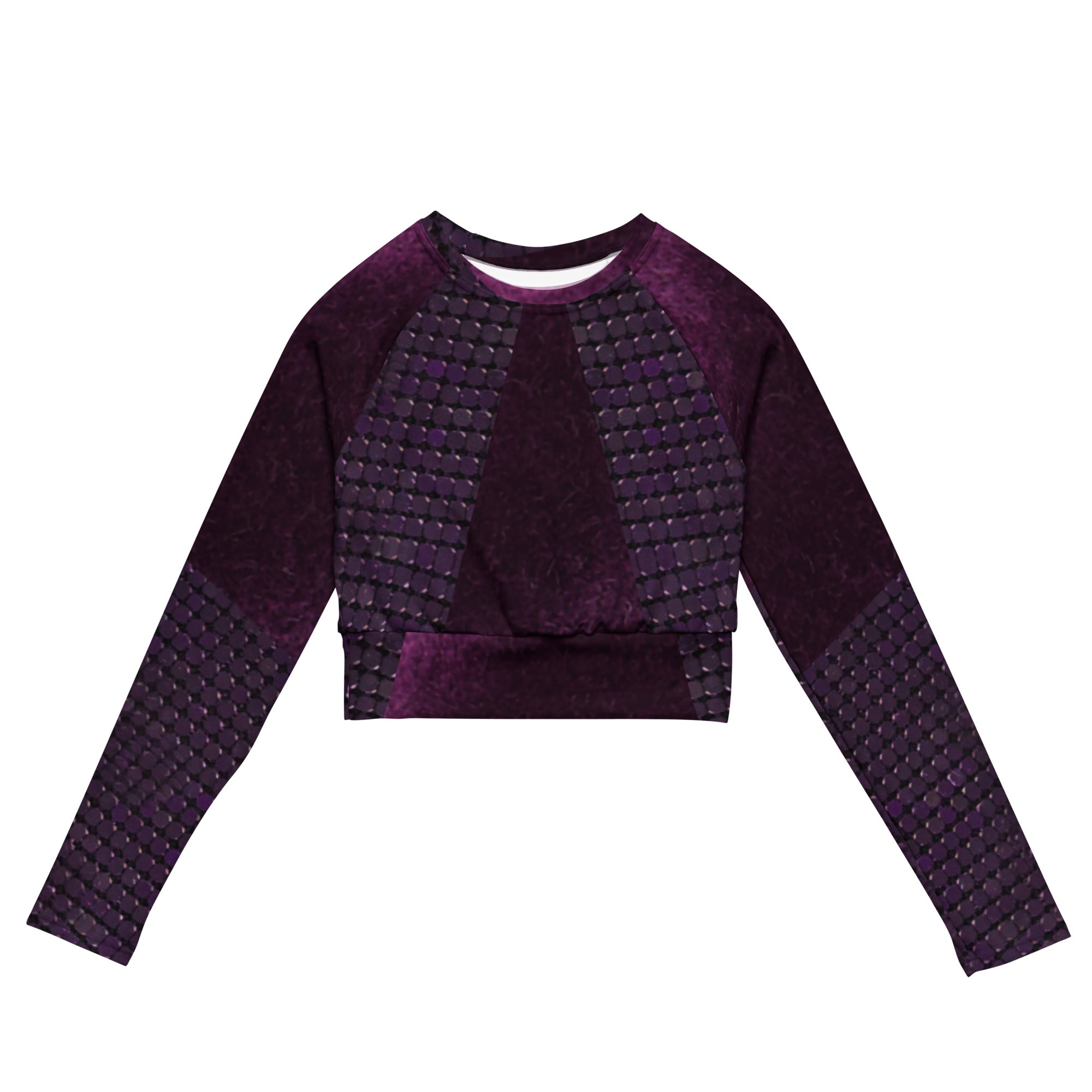 Long-sleeve gym crop top. Ideal fitness top, runner's or yoga top. "Mulberry" by WickedYo.